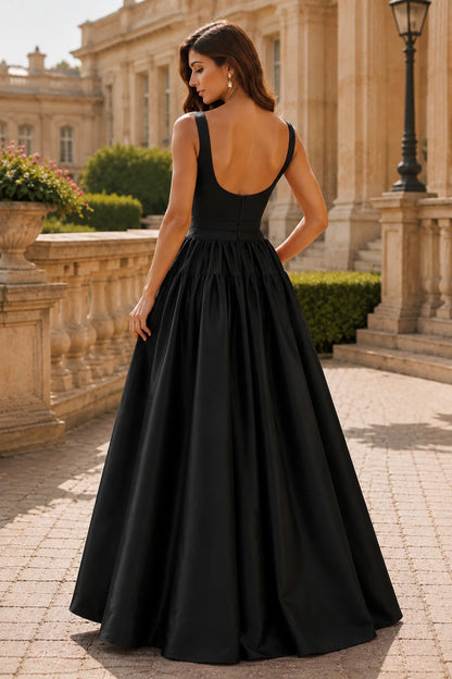 Isaselle Spaghetti-Strap Corset A-Line Gown Prom Dress in Black prom gown, back view