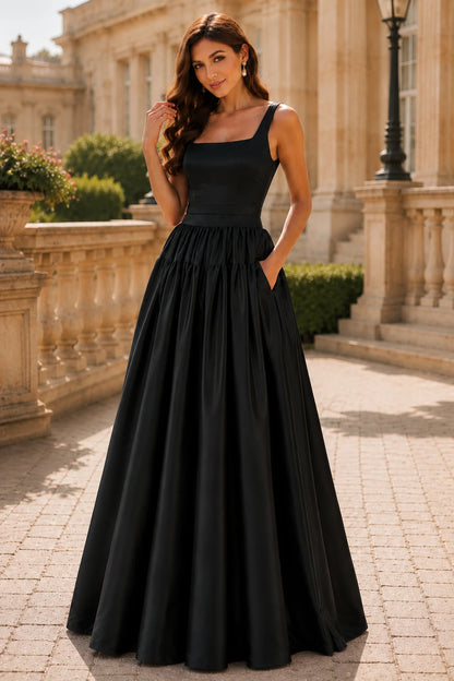Isaselle Spaghetti-Strap Corset A-Line Gown Prom Dress in Black prom gown, front view