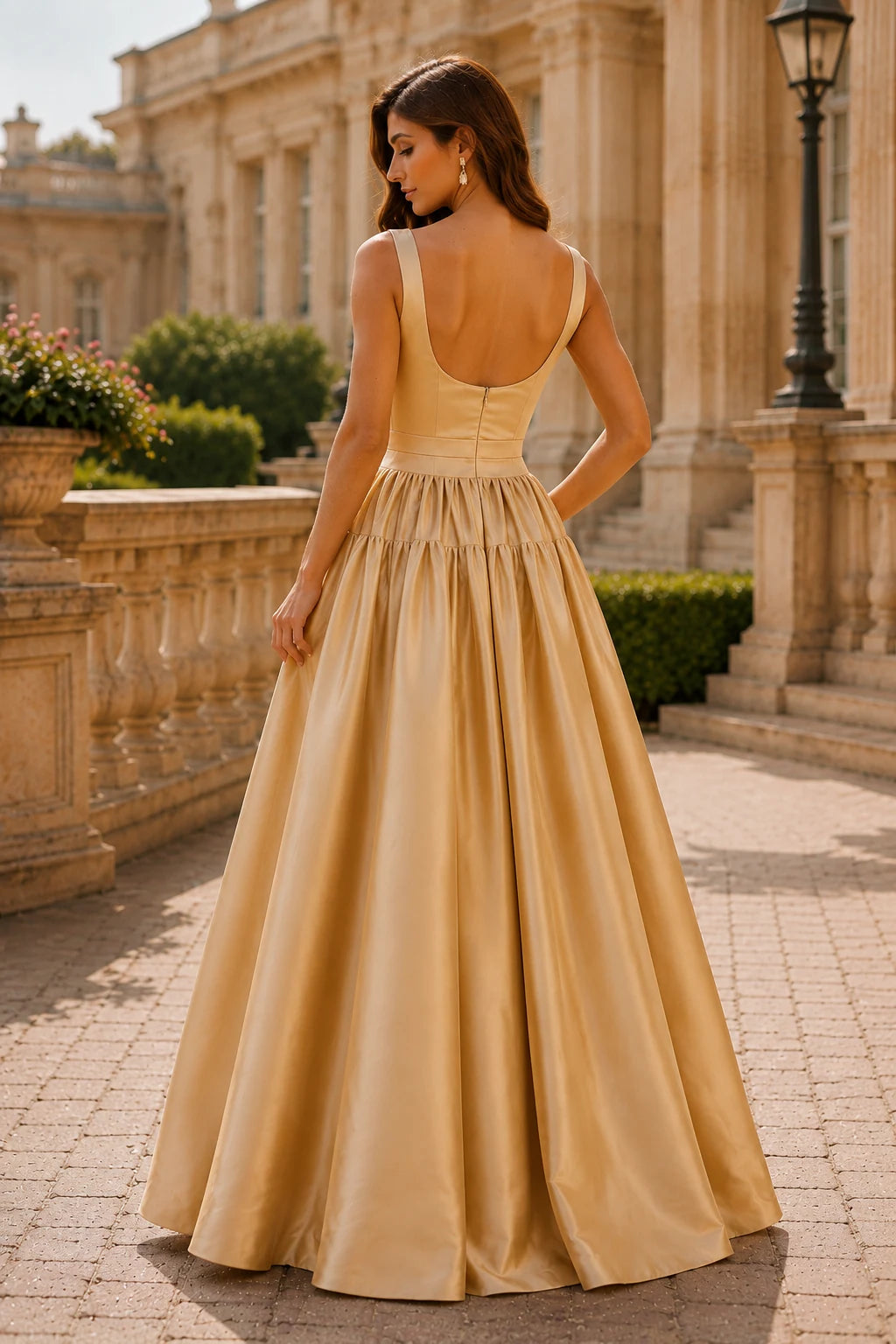 Isaselle Spaghetti-Strap Corset A-Line Gown Prom Dress in Champagne Gold prom gown, back view
