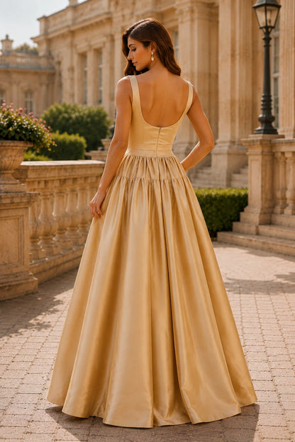 Isaselle Spaghetti-Strap Corset A-Line Gown Prom Dress in Champagne Gold prom gown, back view