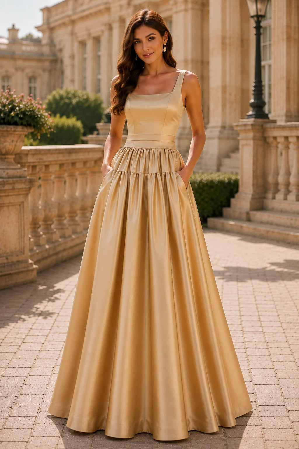 Isaselle Spaghetti-Strap Corset A-Line Gown Prom Dress in Champagne Gold prom gown, front view