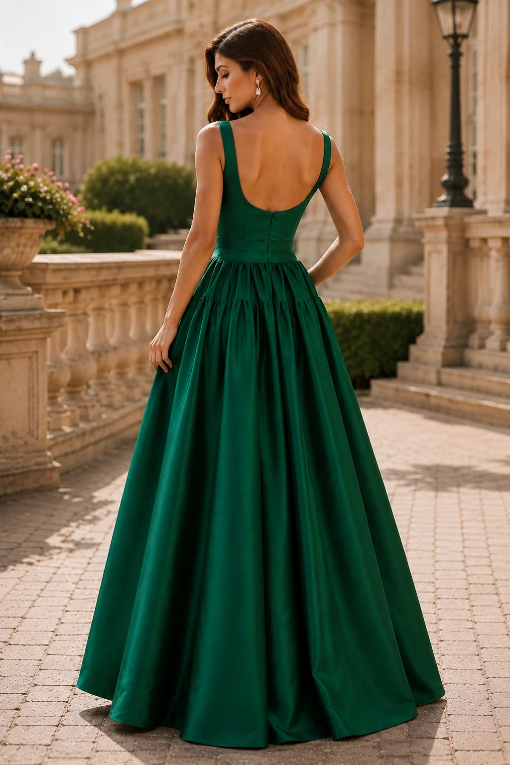 Isaselle Spaghetti-Strap Corset A-Line Gown Prom Dress in Emerald Green prom gown, back view