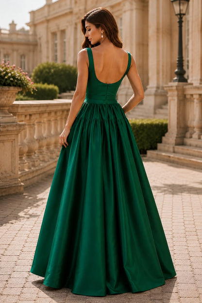 Isaselle Spaghetti-Strap Corset A-Line Gown Prom Dress in Emerald Green prom gown, back view