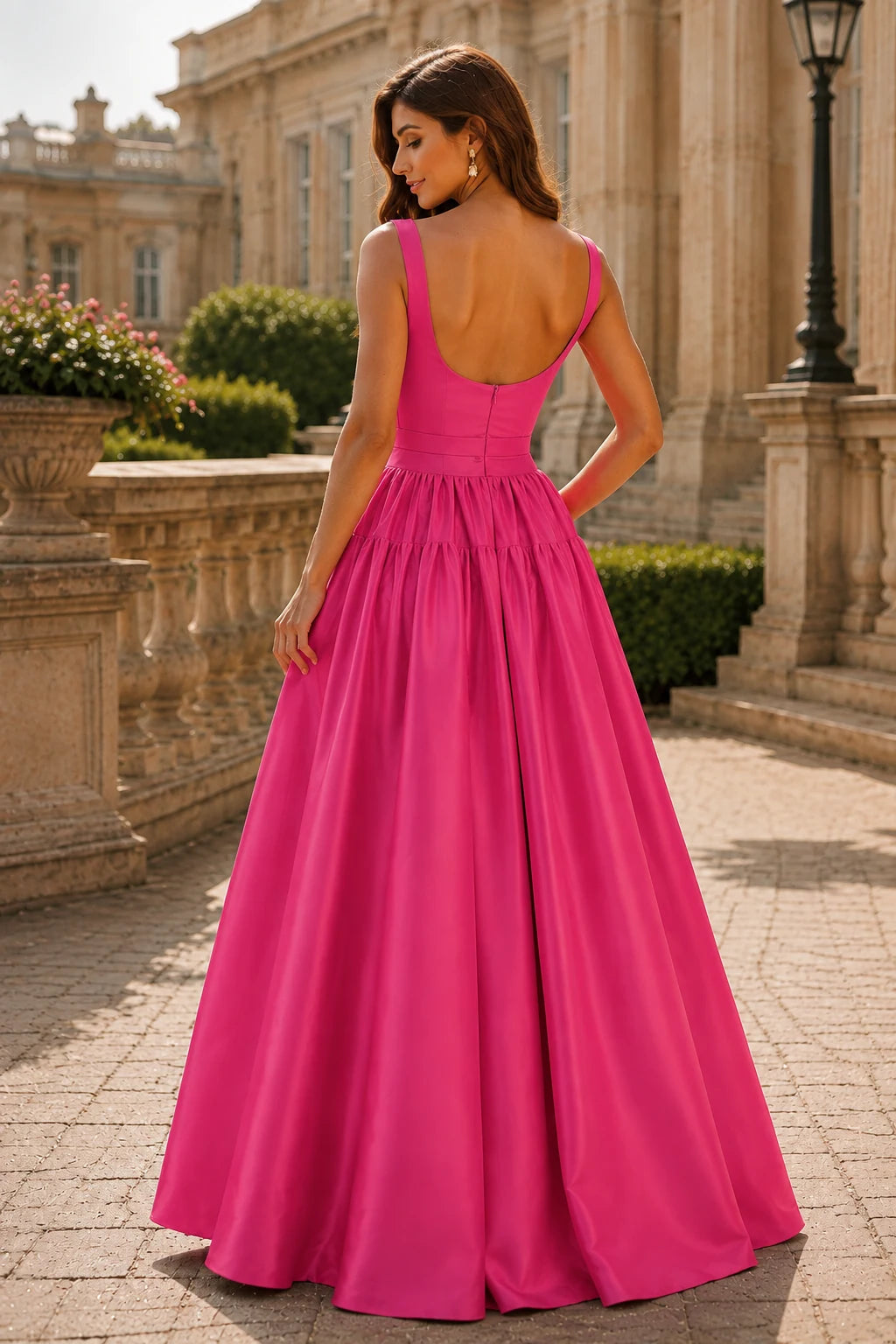 Isaselle Spaghetti-Strap Corset A-Line Gown Prom Dress in Hot Pink prom gown, back view