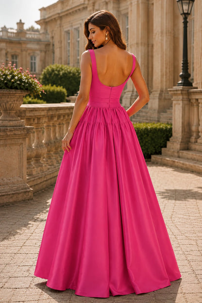 Isaselle Spaghetti-Strap Corset A-Line Gown Prom Dress in Hot Pink prom gown, back view
