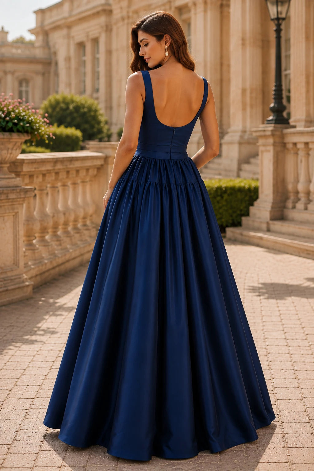 Isaselle Spaghetti-Strap Corset A-Line Gown Prom Dress in Navy Blue prom gown, back view