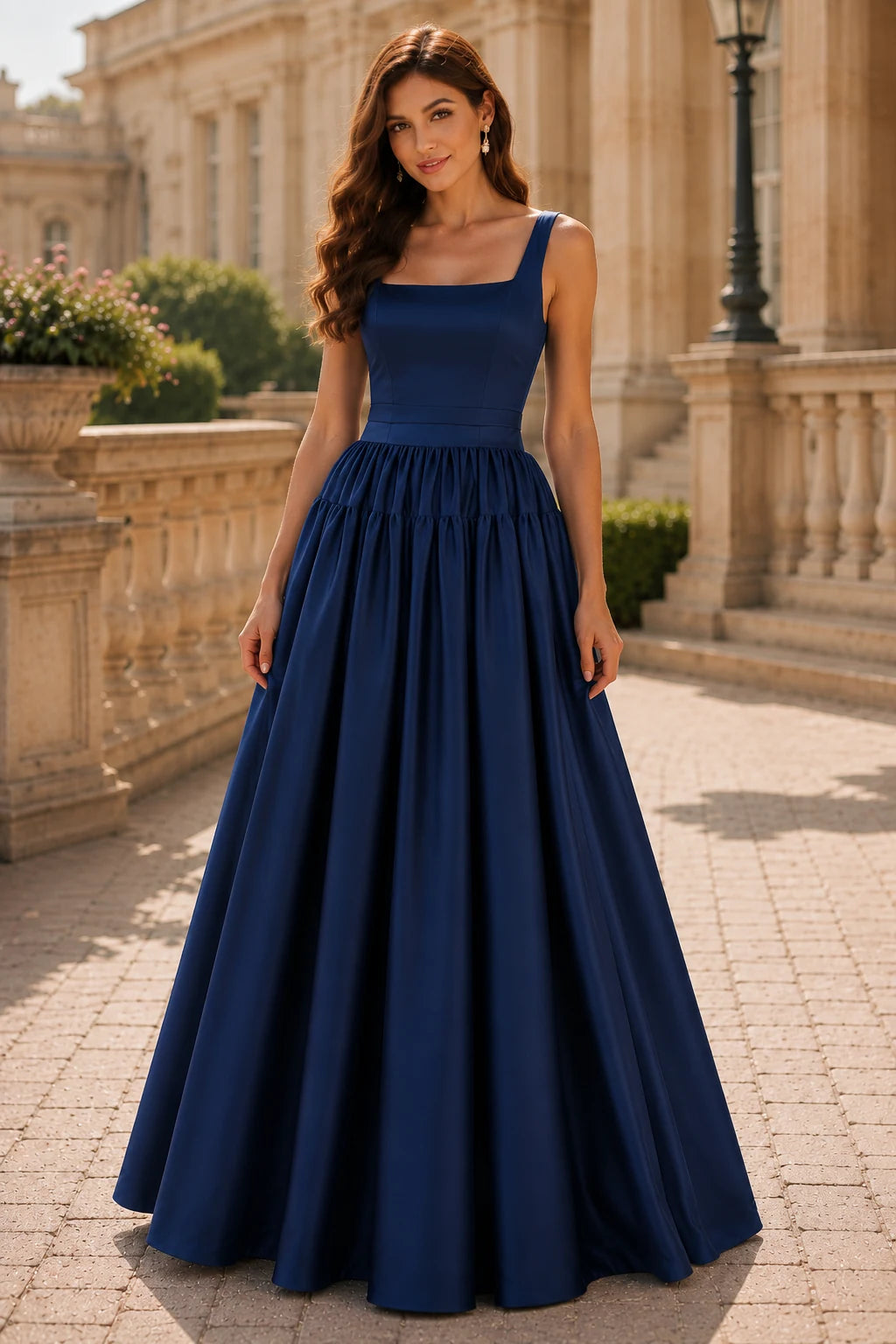 Isaselle Spaghetti-Strap Corset A-Line Gown Prom Dress in Navy Blue prom gown, front view