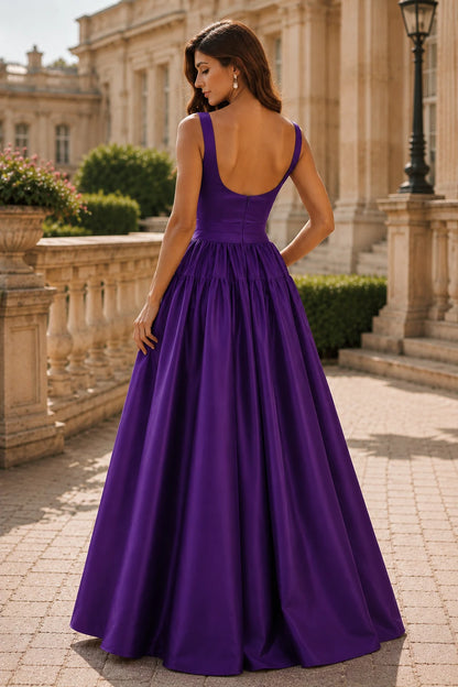 Isaselle Spaghetti-Strap Corset A-Line Gown Prom Dress in Purple prom gown, back view