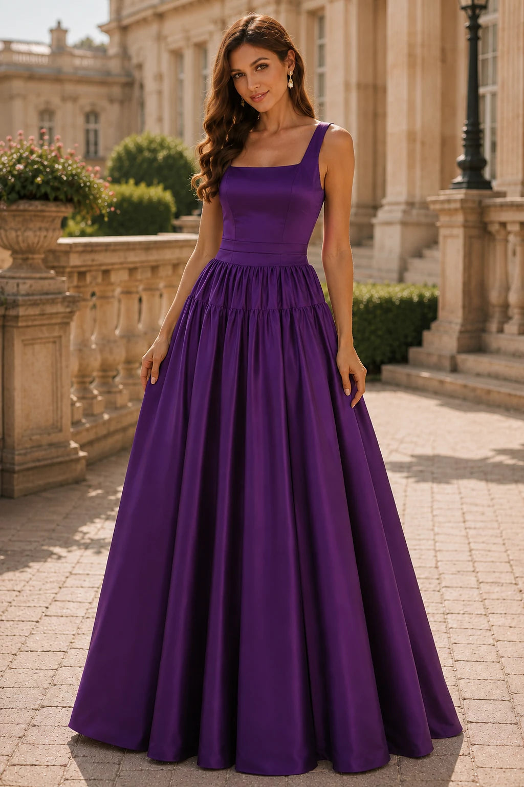 Isaselle Spaghetti-Strap Corset A-Line Gown Prom Dress in Purple prom gown, front view