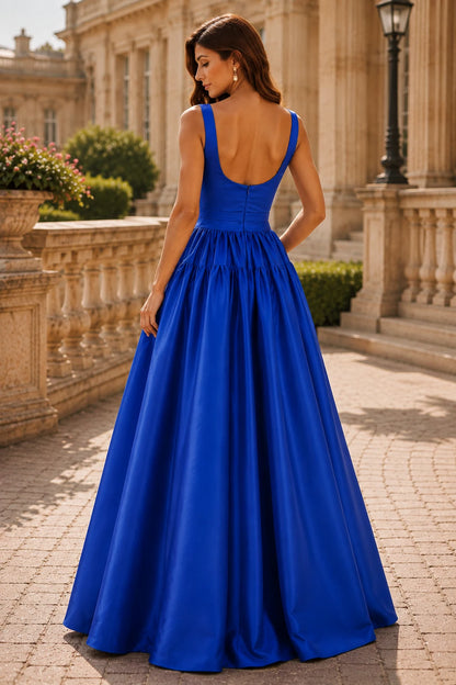 Isaselle Spaghetti-Strap Corset A-Line Gown Prom Dress in Royal Blue prom gown, back view