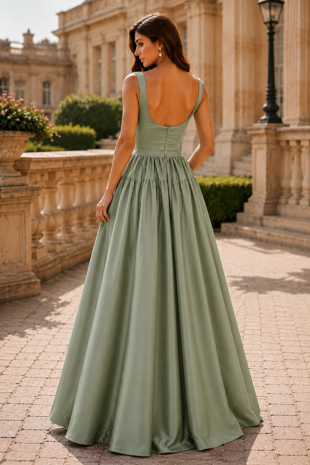 Isaselle Spaghetti-Strap Corset A-Line Gown Prom Dress in Sage Green prom gown, back view
