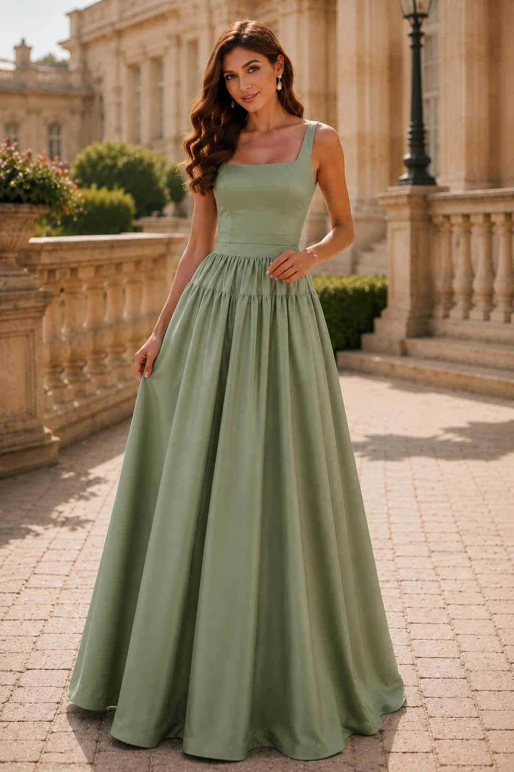 Isaselle Spaghetti-Strap Corset A-Line Gown Prom Dress in Sage Green prom gown, front view