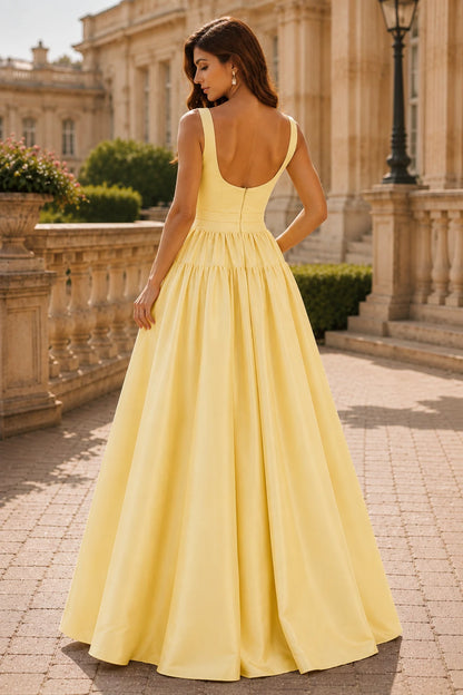 Isaselle Spaghetti-Strap Corset A-Line Gown Prom Dress in Yellow prom gown, back view