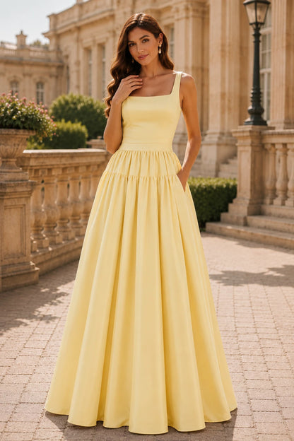 Isaselle Spaghetti-Strap Corset A-Line Gown Prom Dress in Yellow prom gown, front view