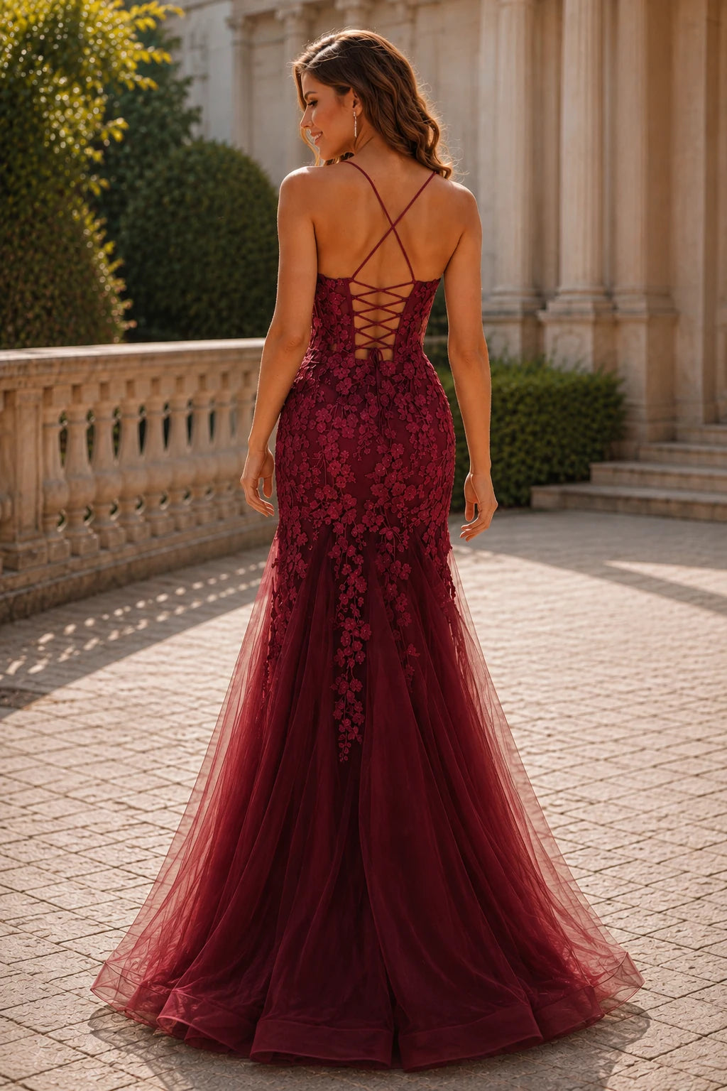 Isathia Seafoam Embellished Mermaid Gown Prom Dress in Burgundy prom gown, back view