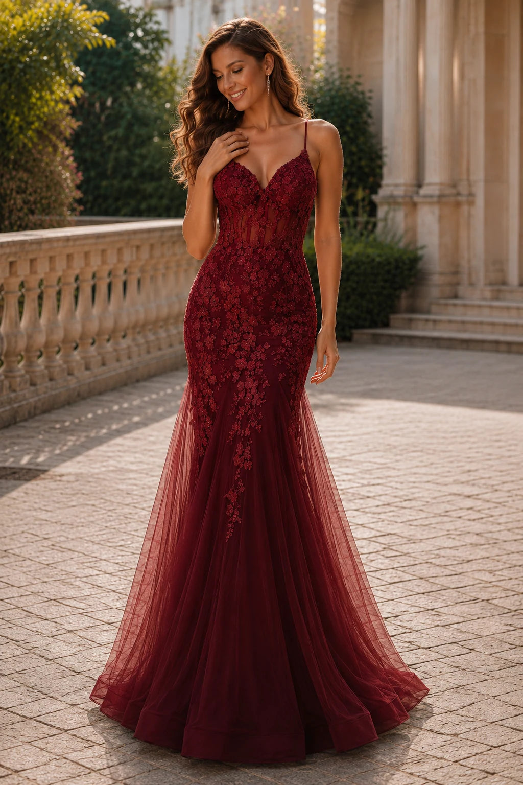 Isathia Seafoam Embellished Mermaid Gown Prom Dress in Burgundy prom gown, front view