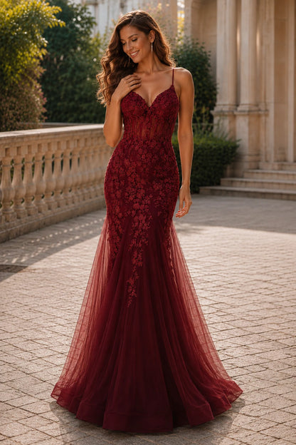 Isathia Seafoam Embellished Mermaid Gown Prom Dress in Burgundy prom gown, front view