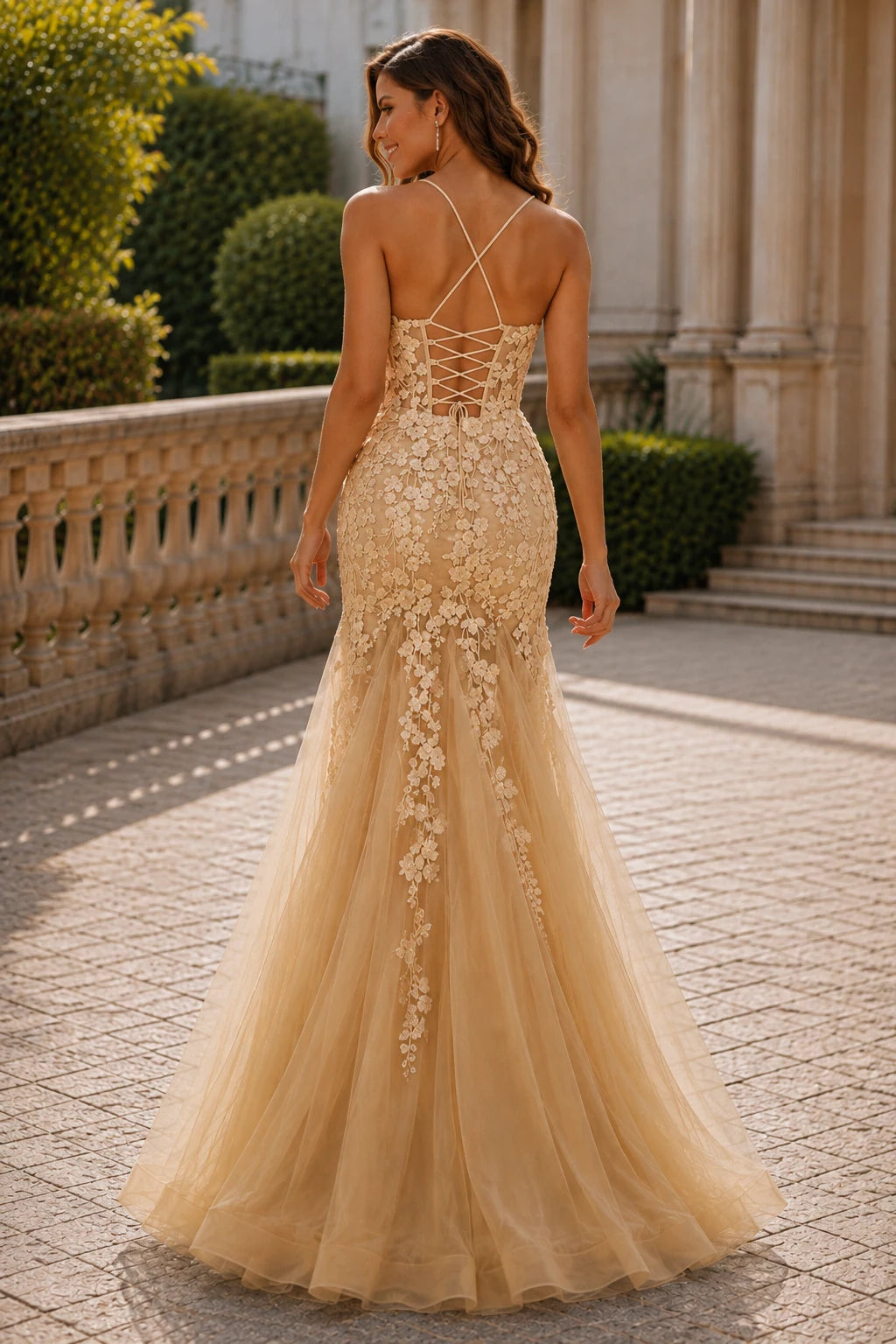 Isathia Seafoam Embellished Mermaid Gown Prom Dress in Champagne prom gown, back view