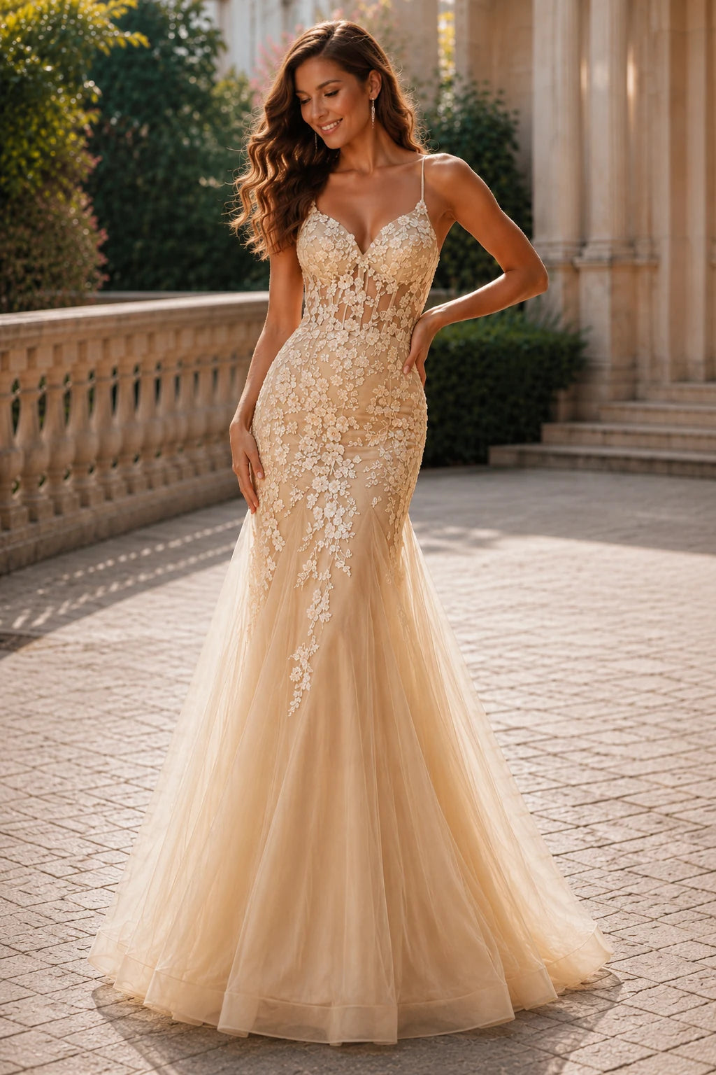 Isathia Seafoam Embellished Mermaid Gown Prom Dress in Champagne prom gown, front view