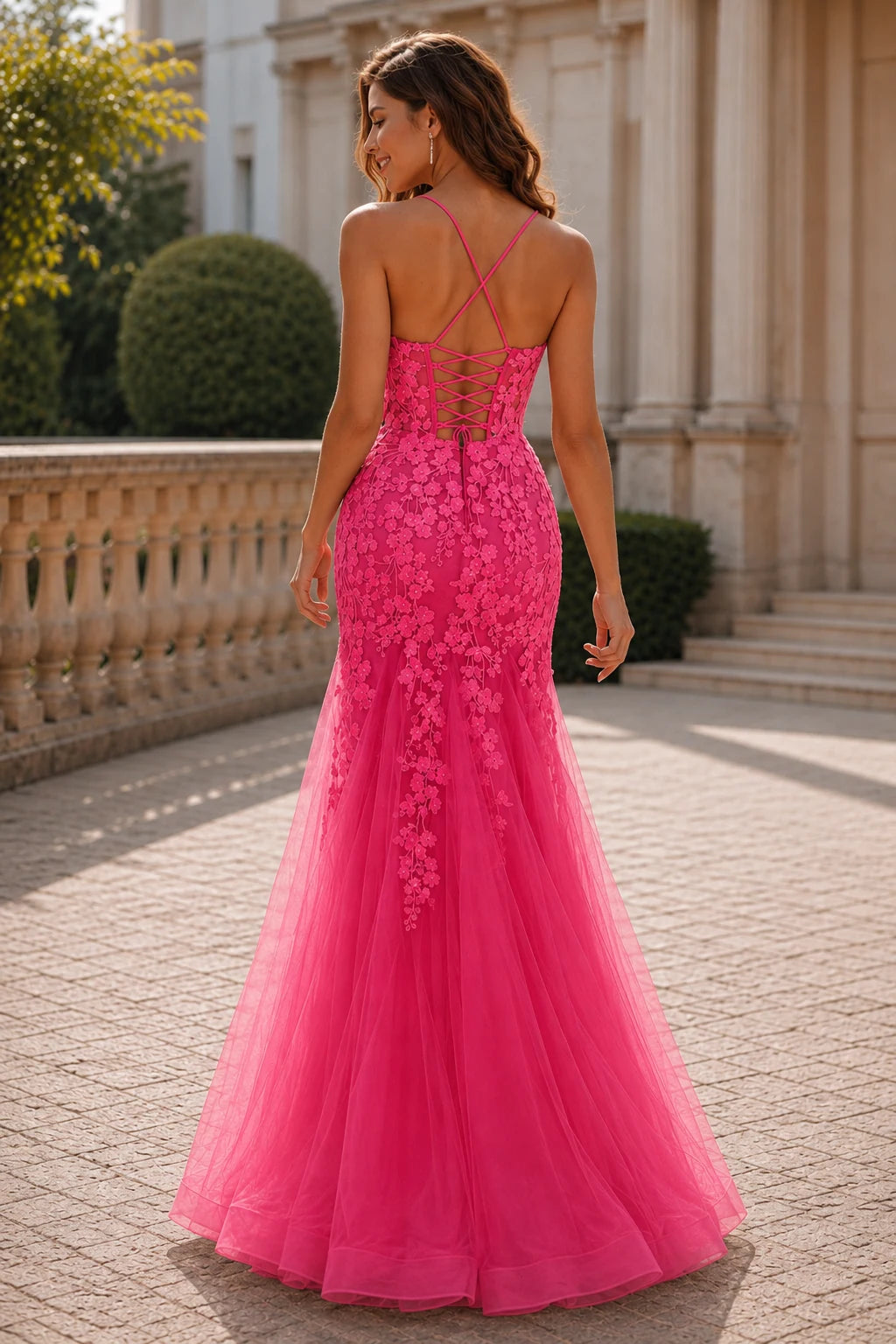 Isathia Seafoam Embellished Mermaid Gown Prom Dress in Hot Pink prom gown, back view