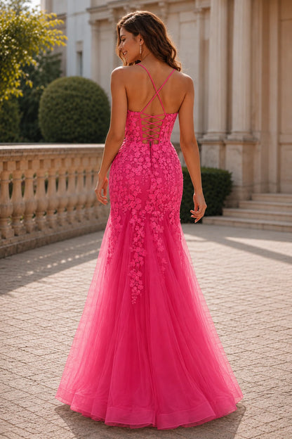 Isathia Seafoam Embellished Mermaid Gown Prom Dress in Hot Pink prom gown, back view