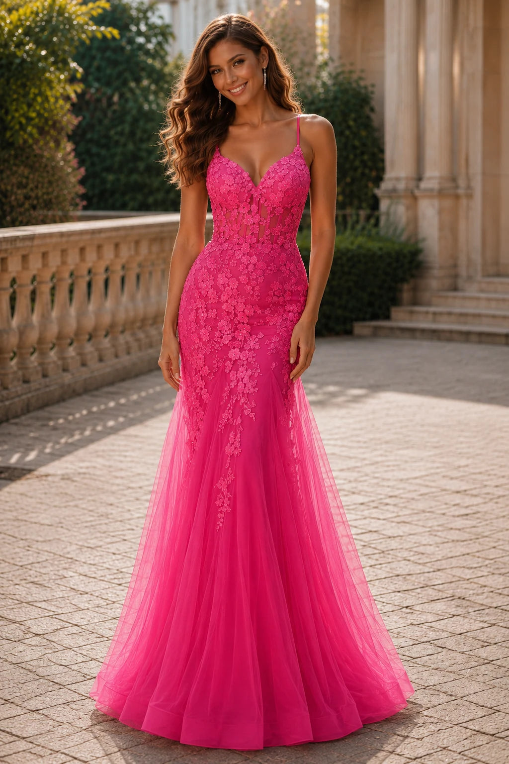 Isathia Seafoam Embellished Mermaid Gown Prom Dress in Hot Pink prom gown, front view