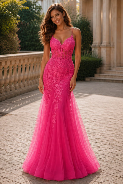 Isathia Seafoam Embellished Mermaid Gown Prom Dress in Hot Pink prom gown, front view