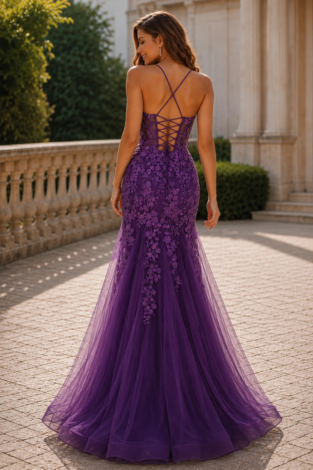 Isathia Seafoam Embellished Mermaid Gown Prom Dress in Purple prom gown, back view
