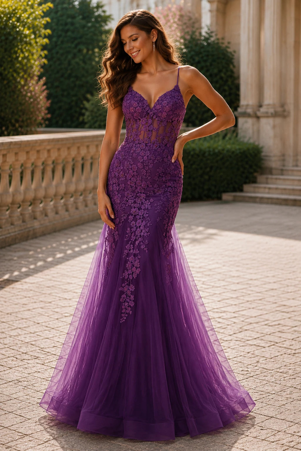 Isathia Seafoam Embellished Mermaid Gown Prom Dress in Purple prom gown, front view