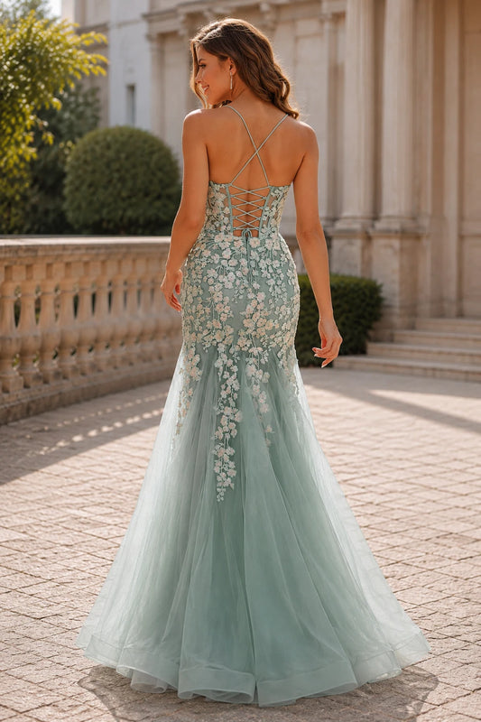 Isathia Seafoam Embellished Mermaid Gown Prom Dress in Seafoam - back view