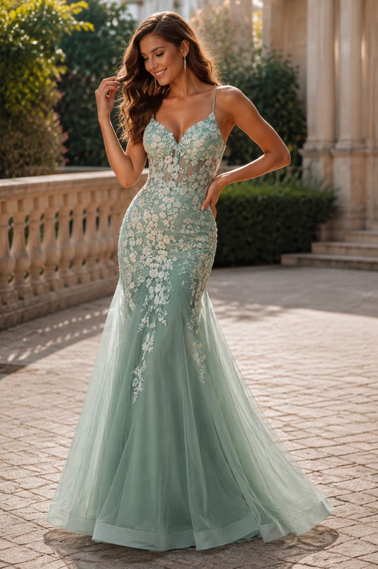 Isathia Seafoam Embellished Mermaid Gown Prom Dress in Seafoam - front view