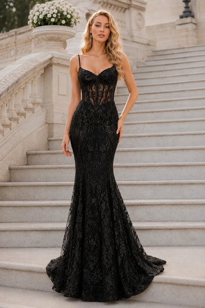 Isalora Mint Embellished Mermaid Gown Prom Dress in Black prom gown, back view