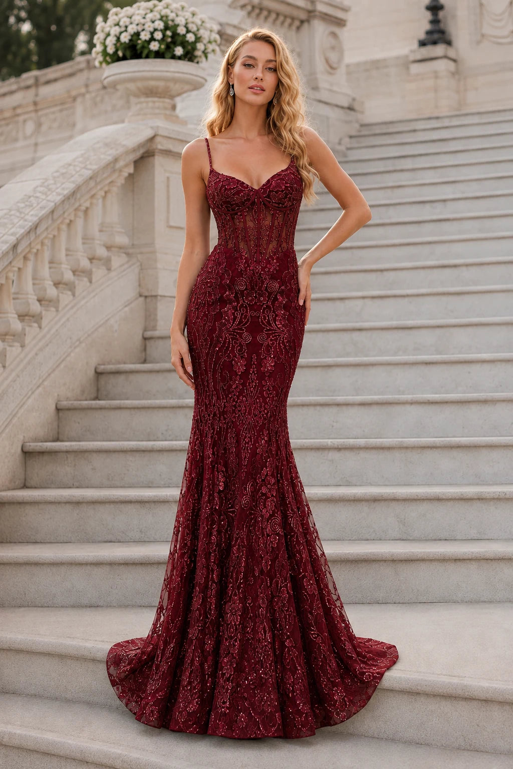 Isalora Mint Embellished Mermaid Gown Prom Dress in Burgundy prom gown, back view