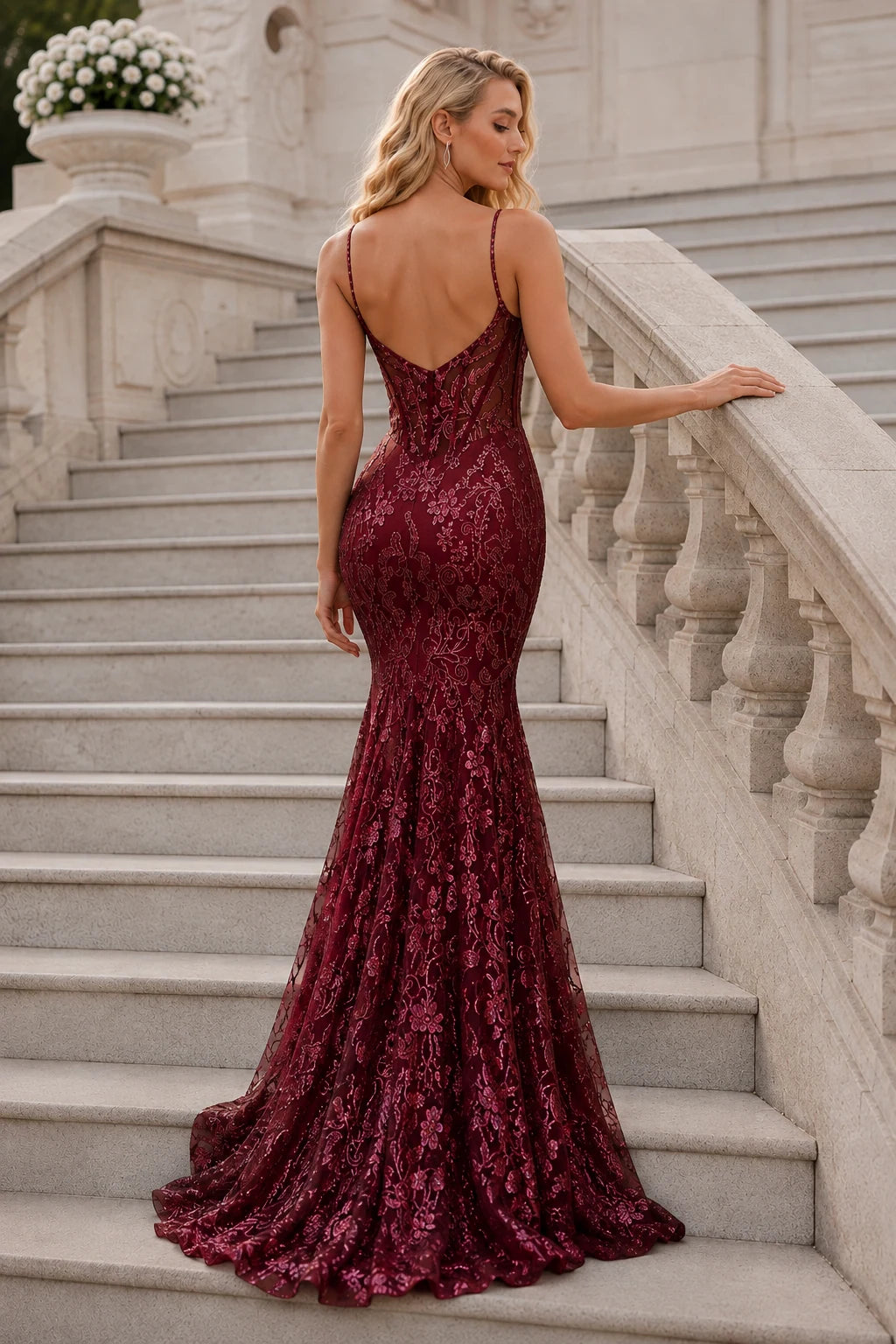 Isalora Mint Embellished Mermaid Gown Prom Dress in Burgundy prom gown, front view