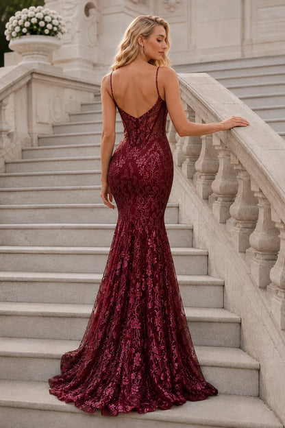 Isalora Mint Embellished Mermaid Gown Prom Dress in Burgundy prom gown, front view