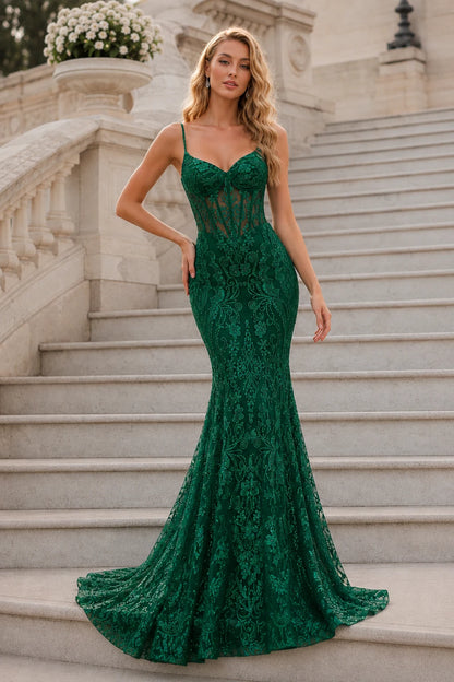Isalora Mint Embellished Mermaid Gown Prom Dress in Emerald Green prom gown, back view