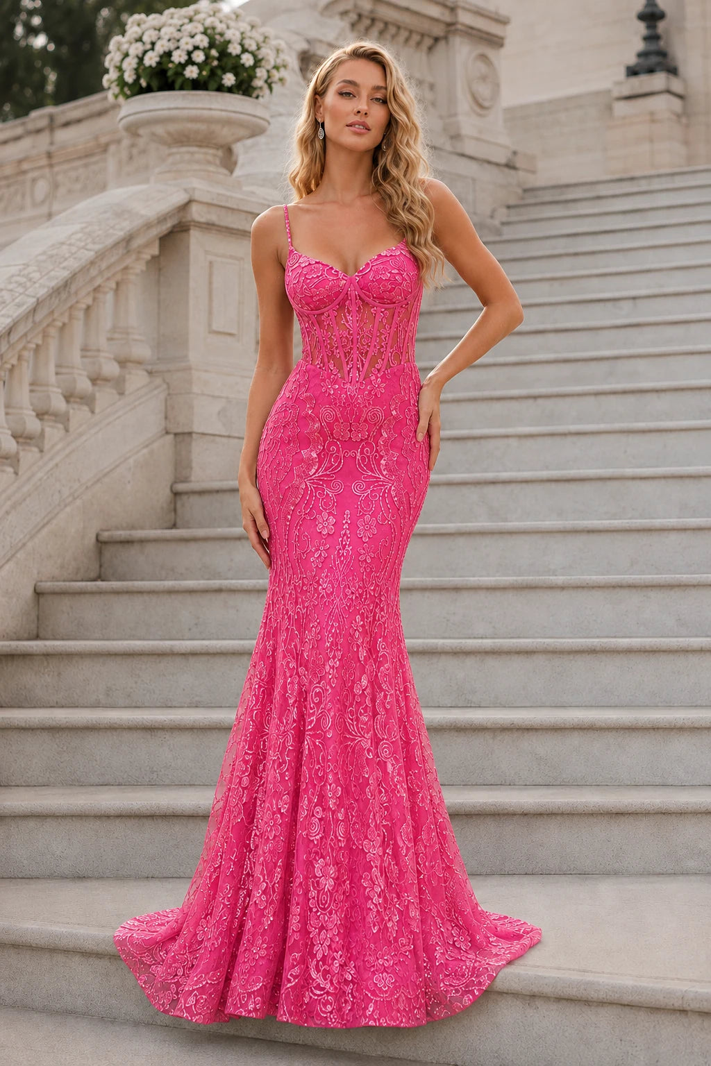 Isalora Mint Embellished Mermaid Gown Prom Dress in Hot Pink prom gown, back view