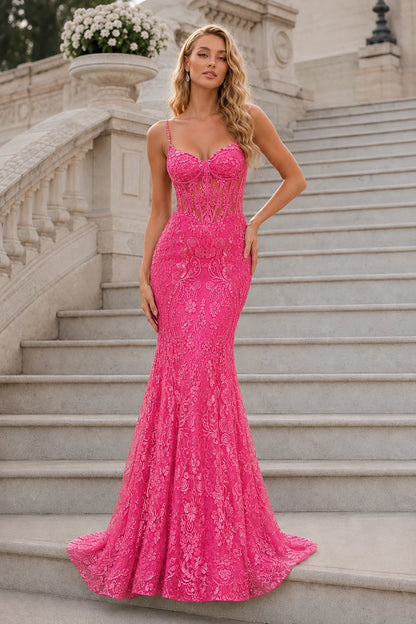 Isalora Mint Embellished Mermaid Gown Prom Dress in Hot Pink prom gown, back view