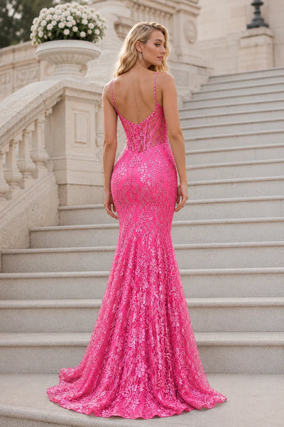 Isalora Mint Embellished Mermaid Gown Prom Dress in Hot Pink prom gown, front view