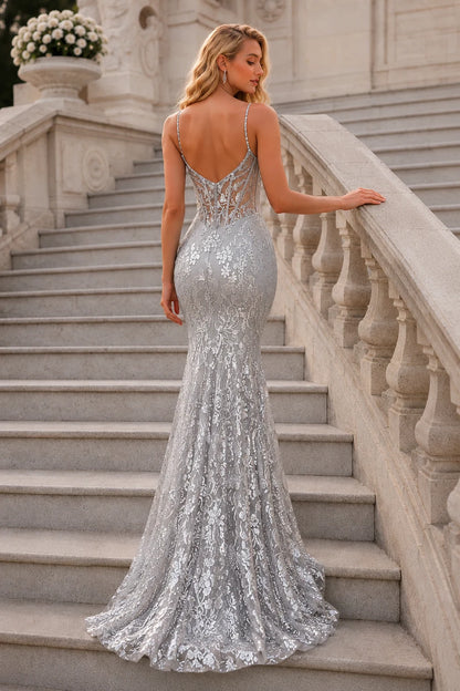 Isalora Mint Embellished Mermaid Gown Prom Dress in Silver prom gown, front view