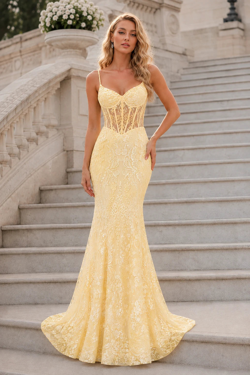 Isalora Mint Embellished Mermaid Gown Prom Dress in Yellow prom gown, back view