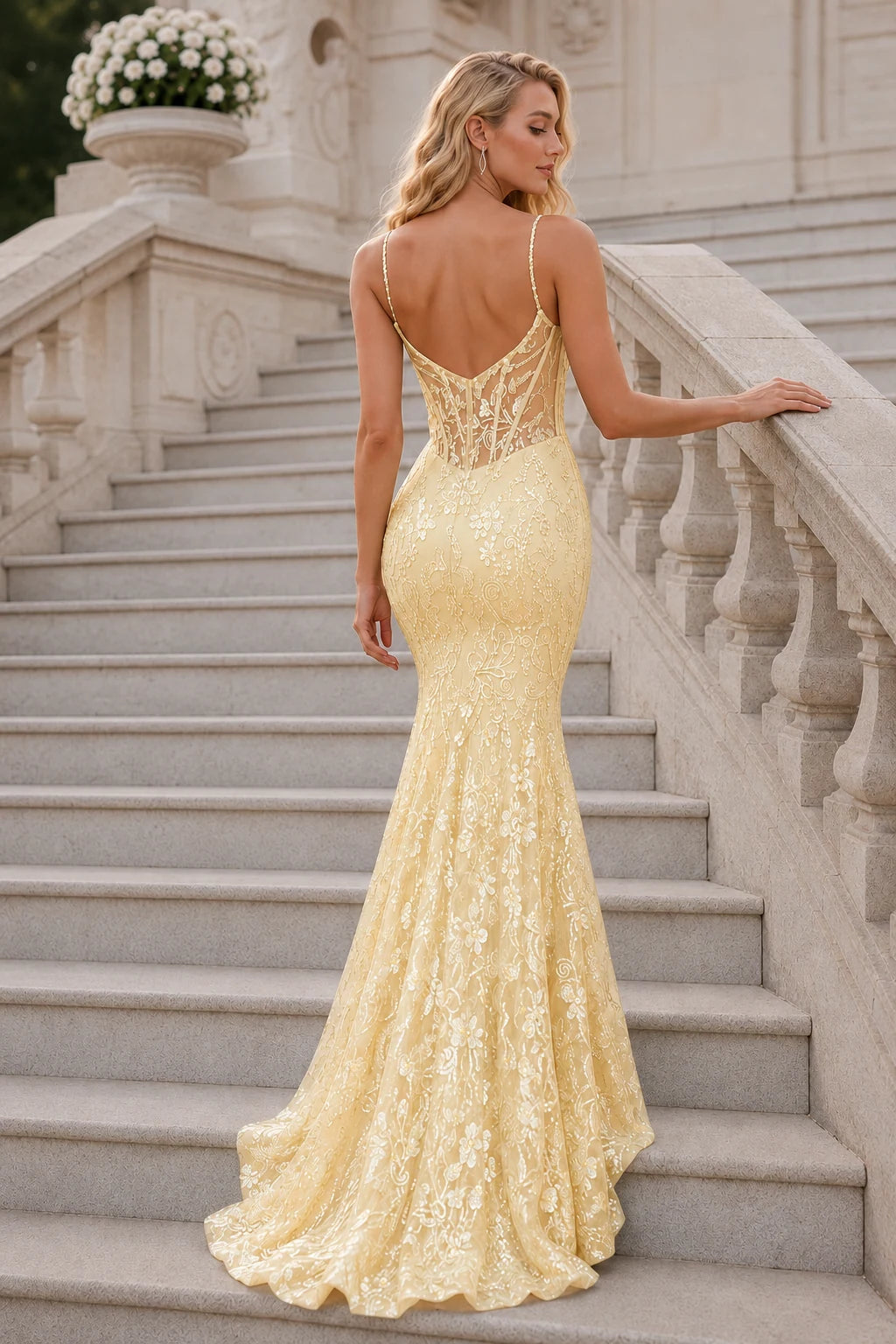Isalora Mint Embellished Mermaid Gown Prom Dress in Yellow prom gown, front view