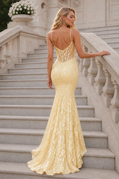 Isalora Mint Embellished Mermaid Gown Prom Dress in Yellow prom gown, front view