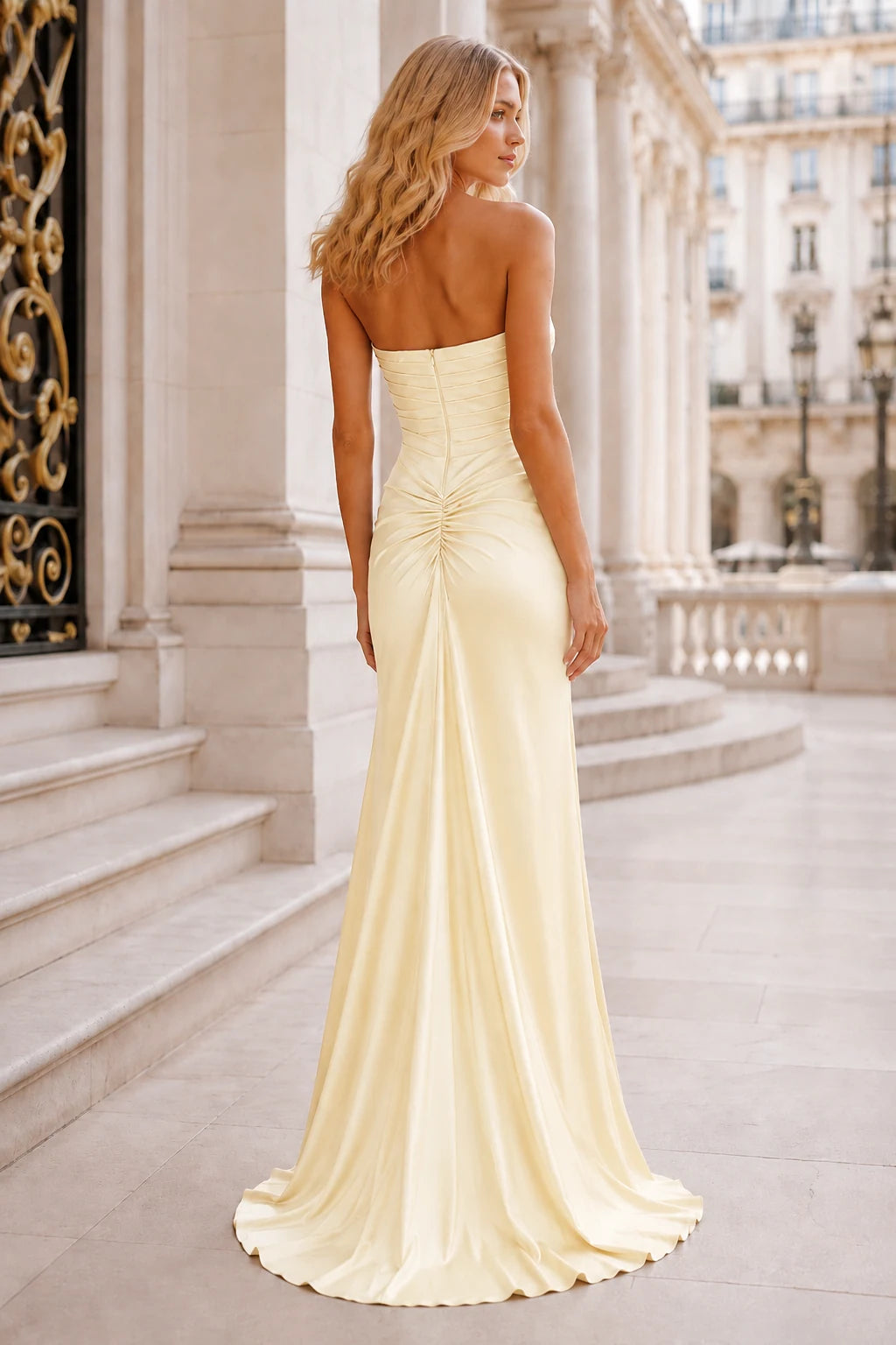 Isalisse Powder Strapless Cutout Gown with Slit Prom Dress in Champagne prom gown, back view