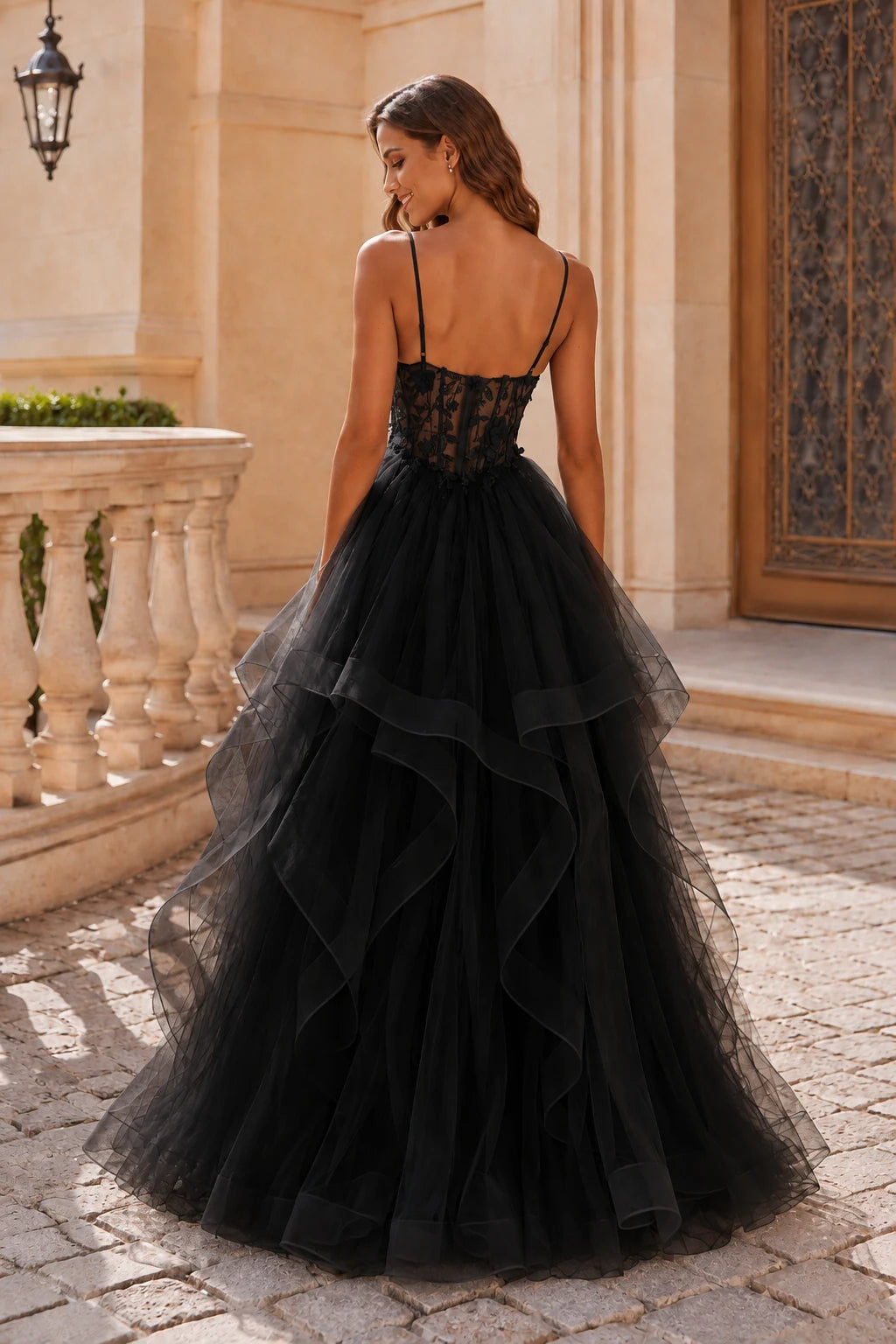 Isavella Light Embellished-Bodice Tiered Tulle Ball Gown Prom Dress in Black prom gown, back view