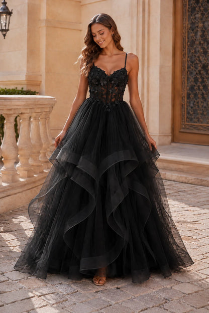 Isavella Light Embellished-Bodice Tiered Tulle Ball Gown Prom Dress in Black prom gown, front view