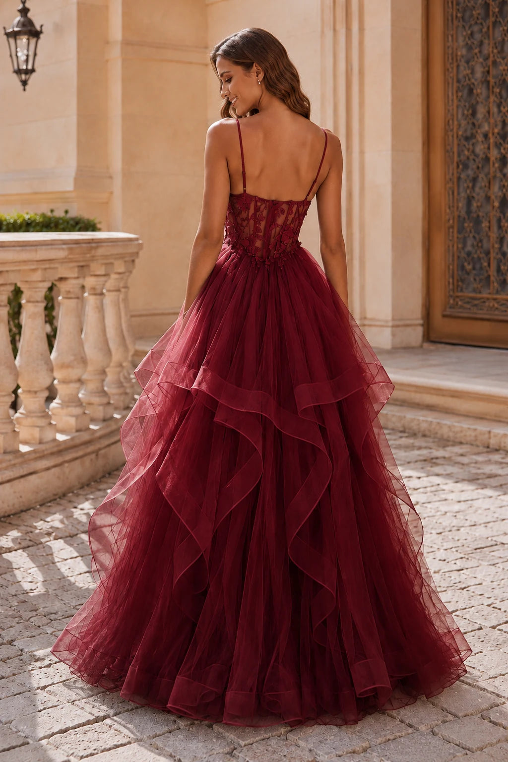 Isavella Light Embellished-Bodice Tiered Tulle Ball Gown Prom Dress in Burgundy prom gown, back view