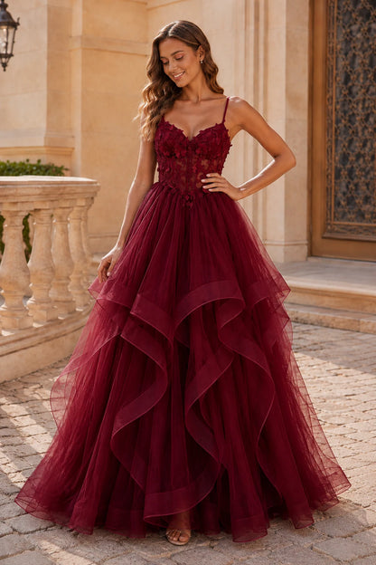 Isavella Light Embellished-Bodice Tiered Tulle Ball Gown Prom Dress in Burgundy prom gown, front view