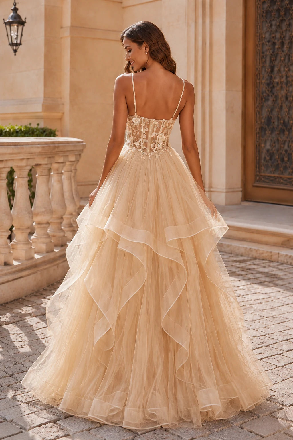 Isavella Light Embellished-Bodice Tiered Tulle Ball Gown Prom Dress in Champagne prom gown, back view