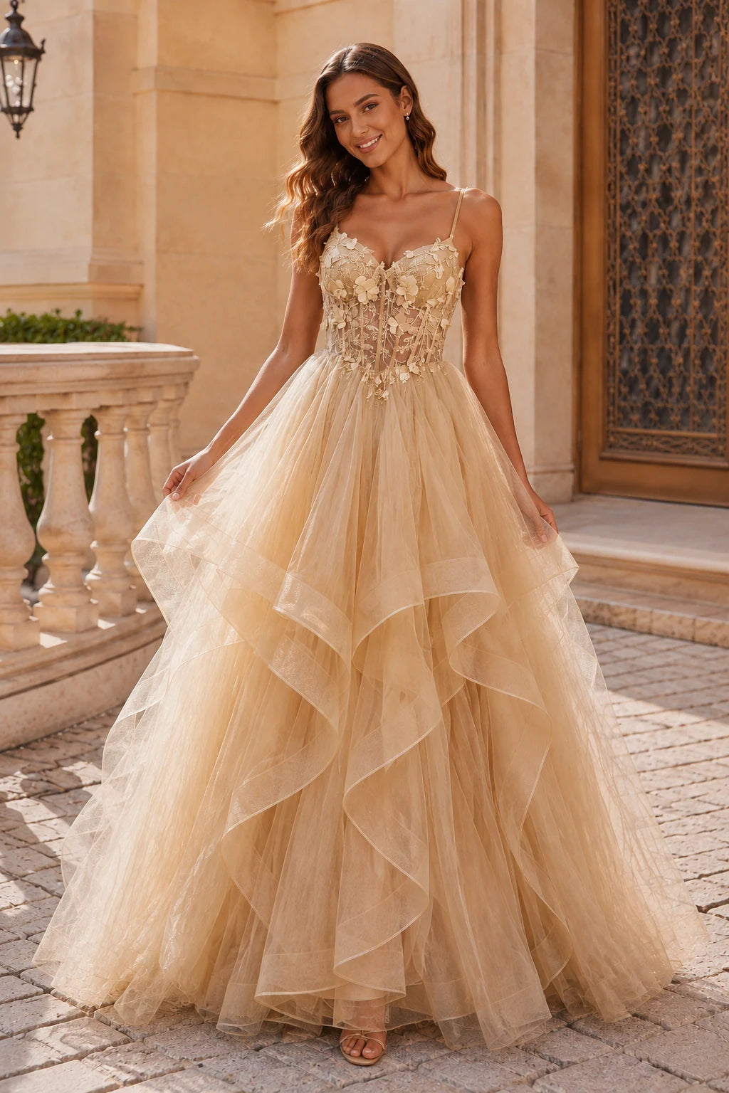 Isavella Light Embellished-Bodice Tiered Tulle Ball Gown Prom Dress in Champagne prom gown, front view
